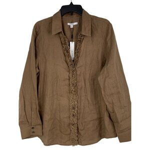 Chico's Linen Tunic Blouse Ruffle Trim Long Sleeves Size 14 XL Brown RP10240